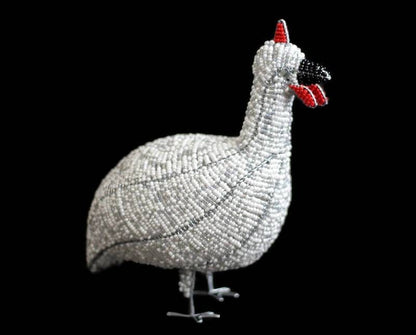 20cm Tall White beaded Guinea Fowl Sculpture by Job Guwhe. Glittery white, Rainbow glass beads African Art Gifts/Souvenirs. Express Shipping