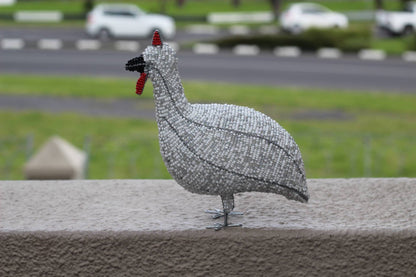 20cm Tall White beaded Guinea Fowl Sculpture by Job Guwhe. Glittery white, Rainbow glass beads African Art Gifts/Souvenirs. Express Shipping