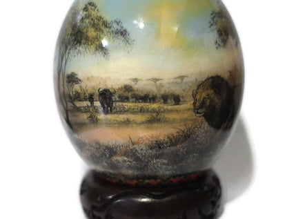 Prey stands against Predator Lion and Buffalo Decoupage Ostrich Egg Shell. Safari hunt art, Home Decor Ornament. Ready to Ship Express Gifts