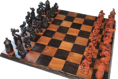 Large Malawian carved Chessboard and Zimbabwen Warriors Pieces. Ebony, Olive and Mahogany Wood. Makes a great game Gift. Express Shipping