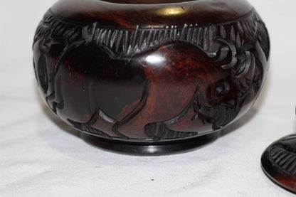 Animal Theme Art Ebony Wood Hand Carved Storage Bowl. Coffee /Sugar/ Peanut bowl with Elephant, Rhino, Lion and Tree Carvings. Ships Express