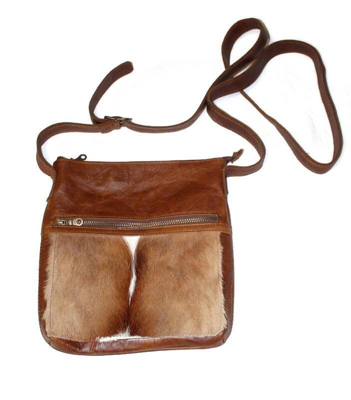 Springbok/Antelope and Nguni Cow Leather Slingbag. Light/dark brown, Coffee Genuine leather.African Art handbag Gifts with Adjustable Straps