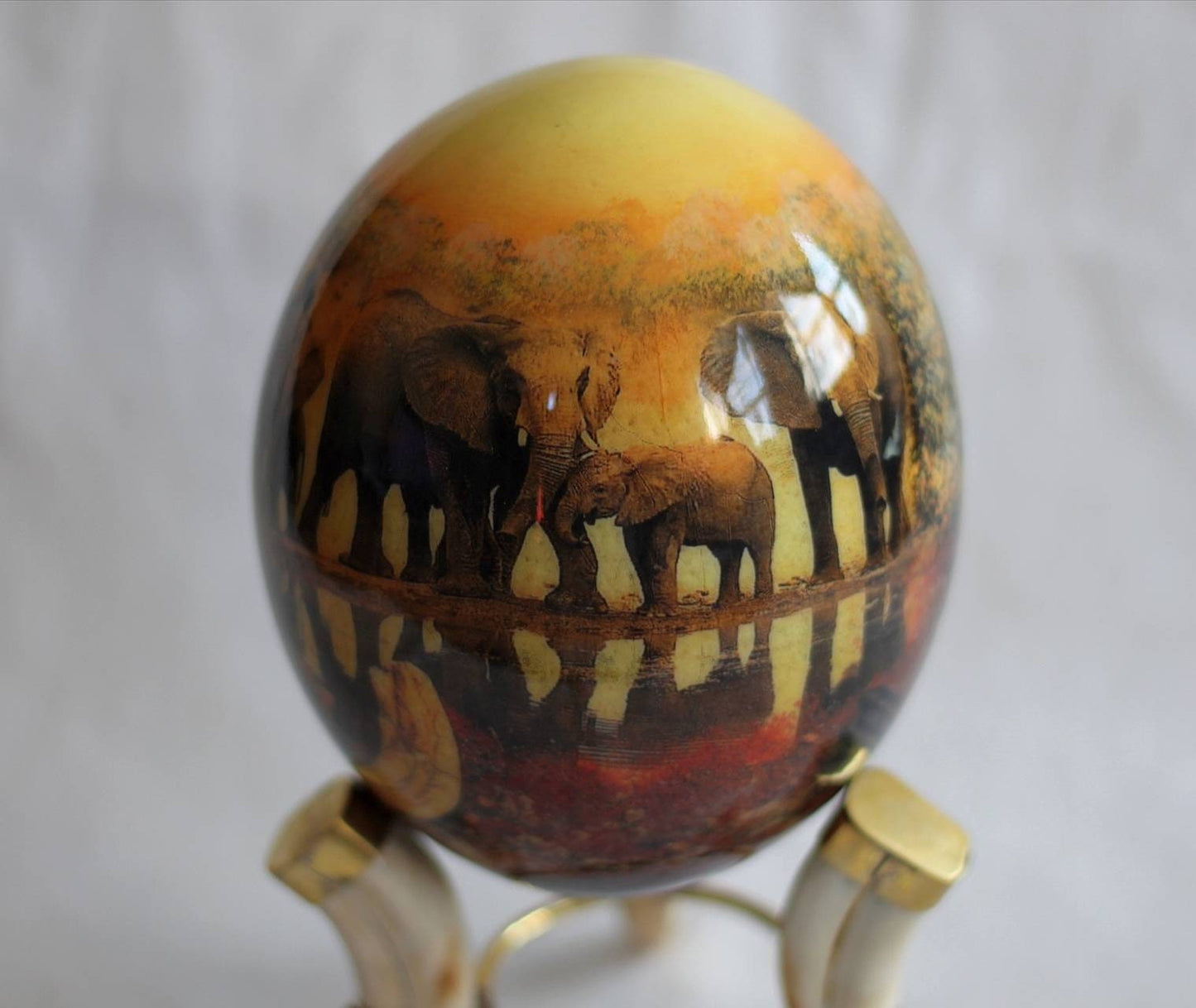 Decoupage Ostrich Egg Elephant Family in water well with reflection. Unique Hand Painted and Print Brown art Christmas Gifts, Ships Express