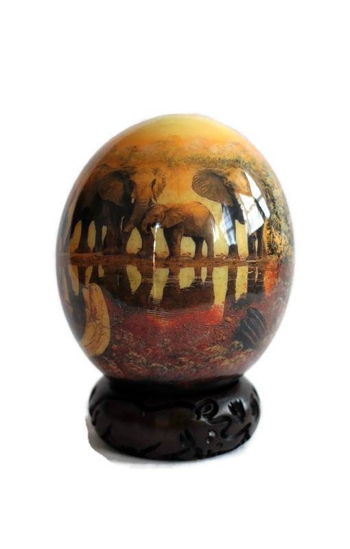 Decoupage Ostrich Egg Elephant Family in water well with reflection. Unique Hand Painted and Print Brown art Christmas Gifts, Ships Express