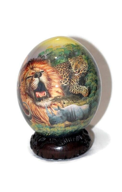 Decoupage Ostrich Egg African Big 5 Animals on a forest background. Unique Hand Painted and Print art Christmas Gifts, Ships Express