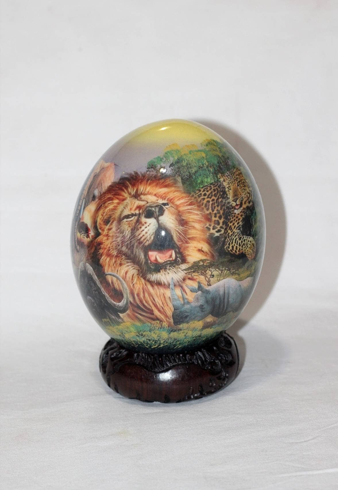 Decoupage Ostrich Egg African Big 5 Animals on a forest background. Unique Hand Painted and Print art Christmas Gifts, Ships Express