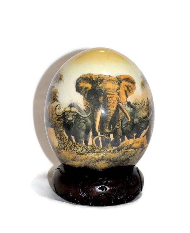 Decoupage Ostrich Egg with African Big 5 Animals handpainted on a forest. Plus wood Stand Unique Safari art. Christmas Gifts, Ships Express