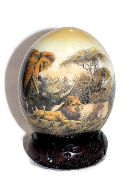 Decoupage Ostrich Egg with African Big 5 Animals handpainted on a forest. Plus wood Stand Unique Safari art. Christmas Gifts, Ships Express