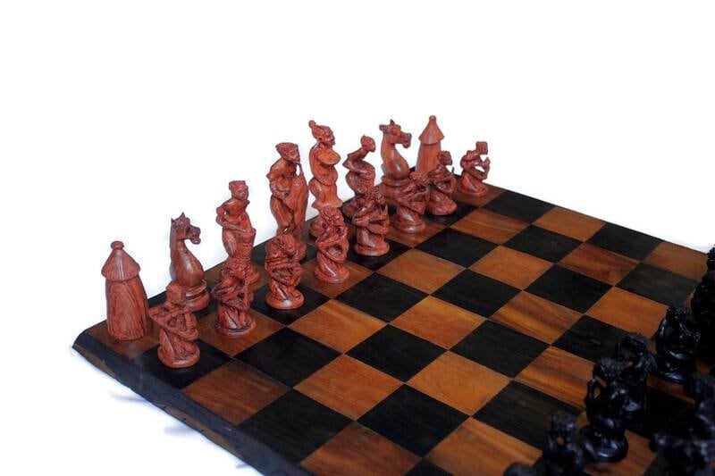 Large Malawian carved Chessboard and Zimbabwen Warriors Pieces. Ebony, Olive and Mahogany Wood. Makes a great game Gift. Express Shipping