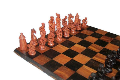 Large Malawian carved Chessboard and Zimbabwen Warriors Pieces. Ebony, Olive and Mahogany Wood. Makes a great game Gift. Express Shipping