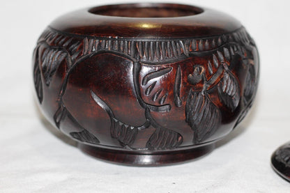 Animal Theme Art Ebony Wood Hand Carved Storage Bowl. Coffee /Sugar/ Peanut bowl with Elephant, Rhino, Lion and Tree Carvings. Ships Express