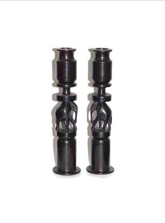 Ebony wood Carved Elephant theme Candlestick Holders set. This unique Masterpiece was made in Tanzania. African Art Gifts Home decor