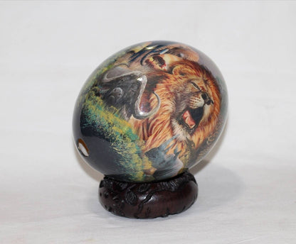 Decoupage Ostrich Egg African Big 5 Animals on a forest background. Unique Hand Painted and Print art Christmas Gifts, Ships Express