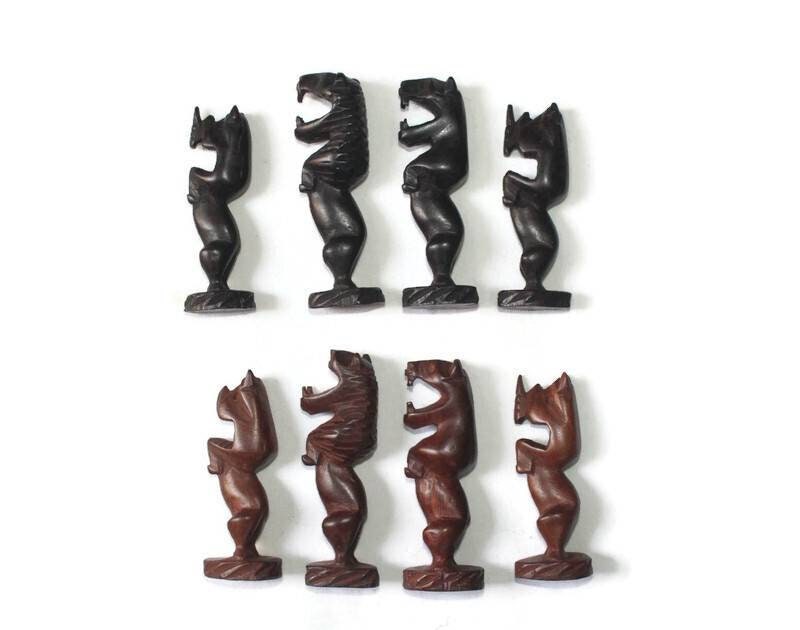 Vintage African Animals Chess Pieces set. Ebony + Mahogany Wood art. Games and Puzzle art Gifts, Includes Lion, Rhino, sitting monkeys.