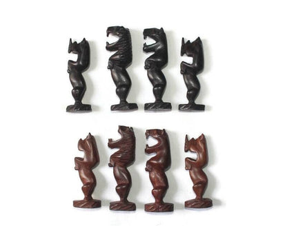 Vintage African Animals Chess Pieces set. Ebony + Mahogany Wood art. Games and Puzzle art Gifts, Includes Lion, Rhino, sitting monkeys.