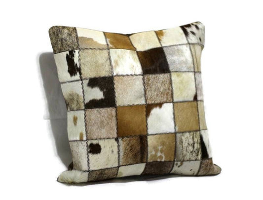 African Mixed Nguni cow leather pillow covers, 18"x18". Square Patchwork, zigzag knitting Decorative Cushion. Christmas Gifts, Ships Express