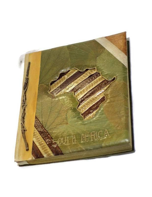 Vintage style African Photo Album from dried leaves. Scrapbook Wedding Gift photo Storage. With African map or table mountain + more designs