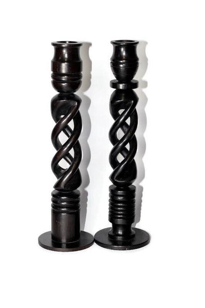 Smooth Spiral Ebony Wood Candlestick stands. Unique African Candle Holder home lighting Gifts. Express Shipping Worldwide. Set of 2