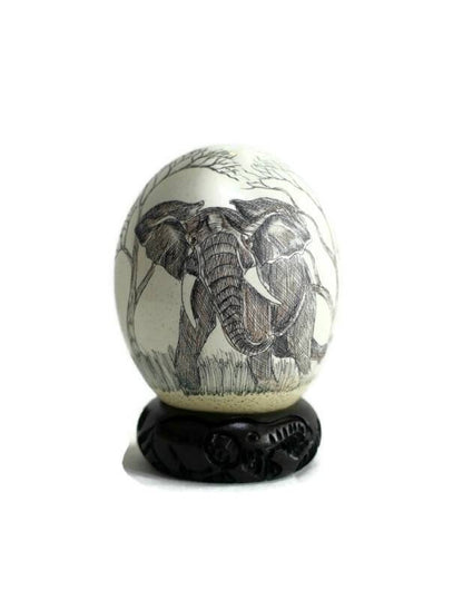 Ostrich Egg Fine Art Scrimshaw featuring the African Elephant. Authentic Ostrich Egg Carved, Painted Art. Christmas gifts Shipping Express