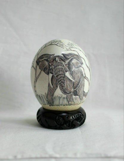 Ostrich Egg Fine Art Scrimshaw featuring the African Elephant. Authentic Ostrich Egg Carved, Painted Art. Christmas gifts Shipping Express