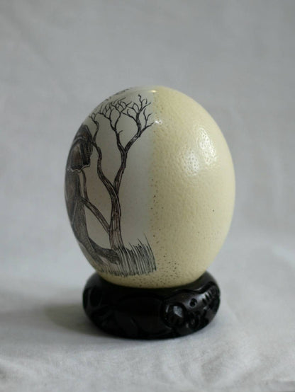 Ostrich Egg Fine Art Scrimshaw featuring the African Elephant. Authentic Ostrich Egg Carved, Painted Art. Christmas gifts Shipping Express