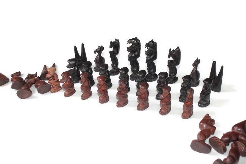 Vintage African Animals Chess Pieces set. Ebony + Mahogany Wood art. Games and Puzzle art Gifts, Includes Lion, Rhino, sitting monkeys.