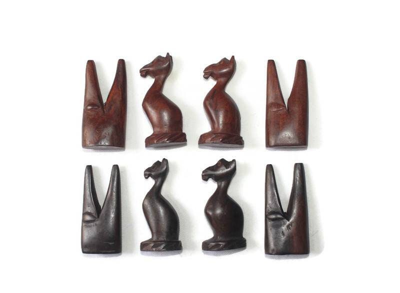Vintage African Animals Chess Pieces set. Ebony + Mahogany Wood art. Games and Puzzle art Gifts, Includes Lion, Rhino, sitting monkeys.