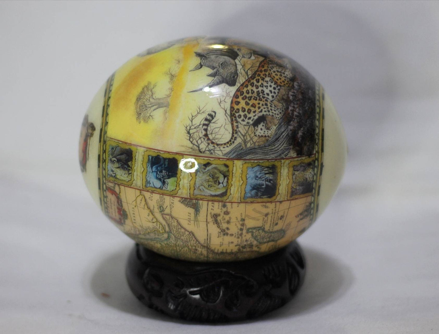 African Big Five Decoupage Ostrich Egg Shell with Sunset Background and African Map. Unique Christmas, Wedding, Birthday, Housewarming Gifts