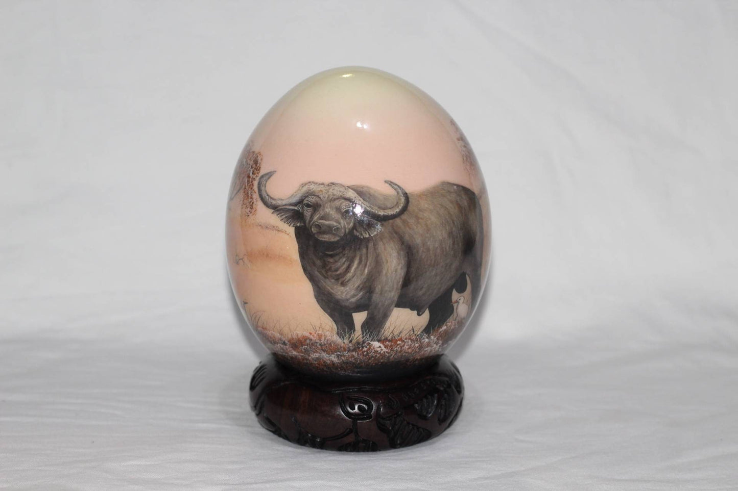 Hand Painted Buffalo Bull Decoupage on an authentic Ostrich Egg Shell. Unique African art Gifts for Home and office decor. Express Shipping