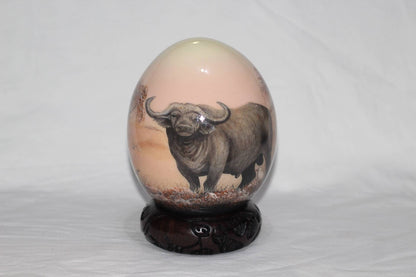 Hand Painted Buffalo Bull Decoupage on an authentic Ostrich Egg Shell. Unique African art Gifts for Home and office decor. Express Shipping