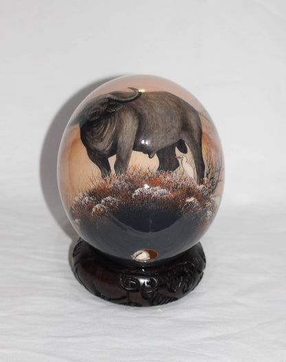 Hand Painted Buffalo Bull Decoupage on an authentic Ostrich Egg Shell. Unique African art Gifts for Home and office decor. Express Shipping