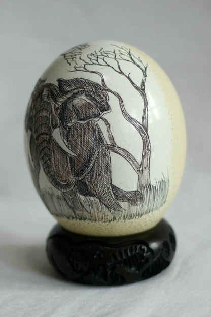 Ostrich Egg Fine Art Scrimshaw featuring the African Elephant. Authentic Ostrich Egg Carved, Painted Art. Christmas gifts Shipping Express