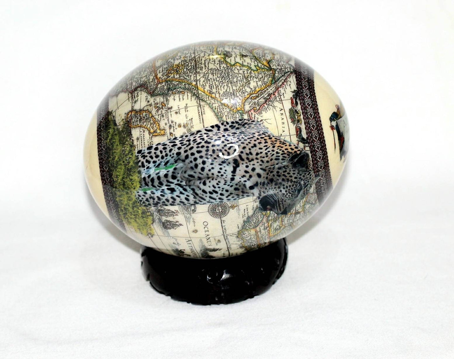 Leopard Themed Africa Nova Descriptio Map Decoupage art on an Authentic Ostrich Egg Shell. Comes with a carved wood stand. Ships Express