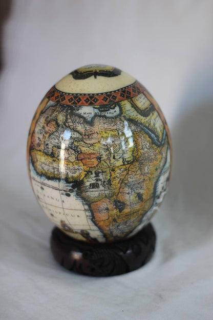 Black and bit of gold African Big 5 animals and Map Ornament. Decoupage Ostrich Egg Shell for Home/Office Decor. Unique Gifts ready to Ship.