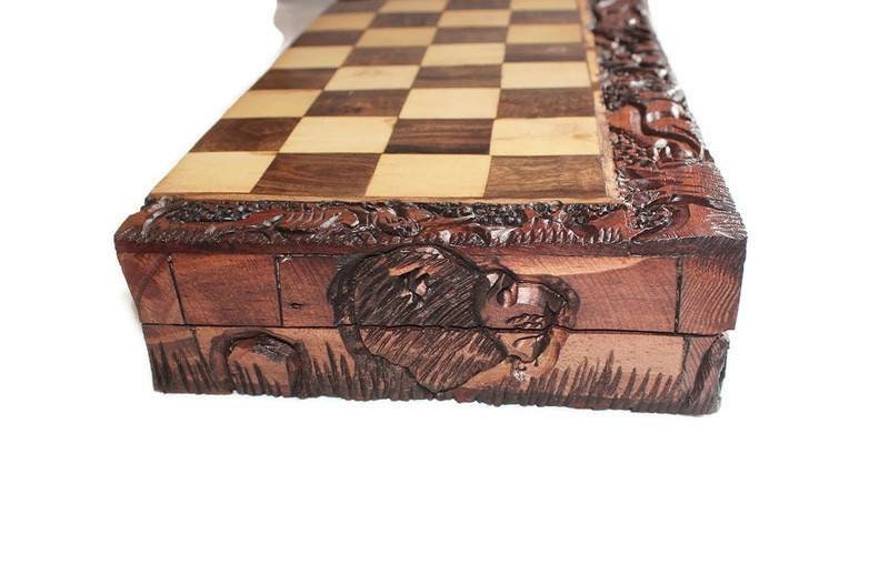 Dark Brown Squatting African Big Five Animals Chess Set. Large Square Foldable Handcarved Masterpiece. Olive, Ebony, Mahogany Wood Art Gifts