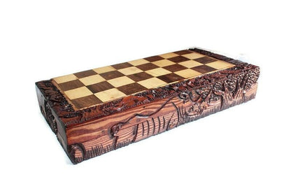 Squatting African Big Five Animals Chess Pieces Set. Amazing Zimbabwean handcarved Masterpieces. Olive and Ebony Wood Art Gifts.