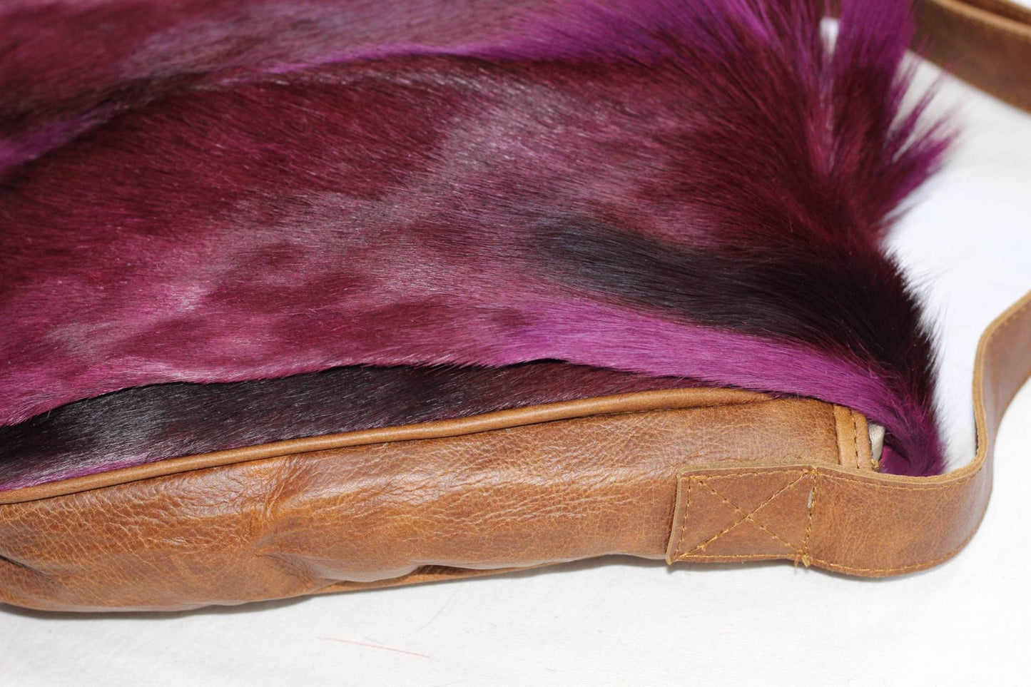 Premium Leather Antelope Hide Sling bag. Purple dyed fur with brown back and Strap. Springbok handbag/Messenger bag ready to Ship Express