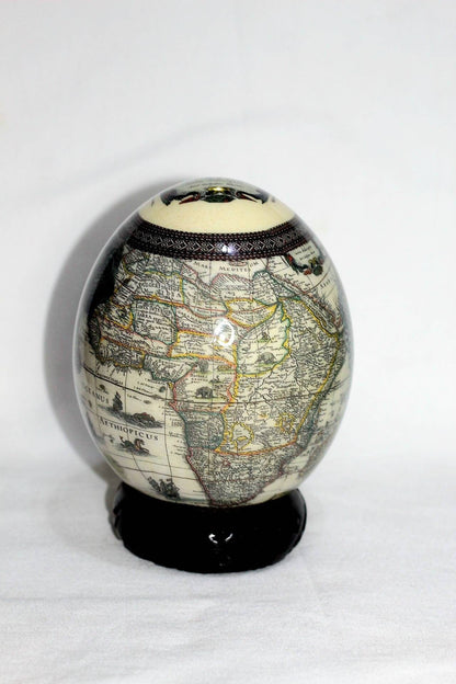 Leopard Themed Africa Nova Descriptio Map Decoupage art on an Authentic Ostrich Egg Shell. Comes with a carved wood stand. Ships Express