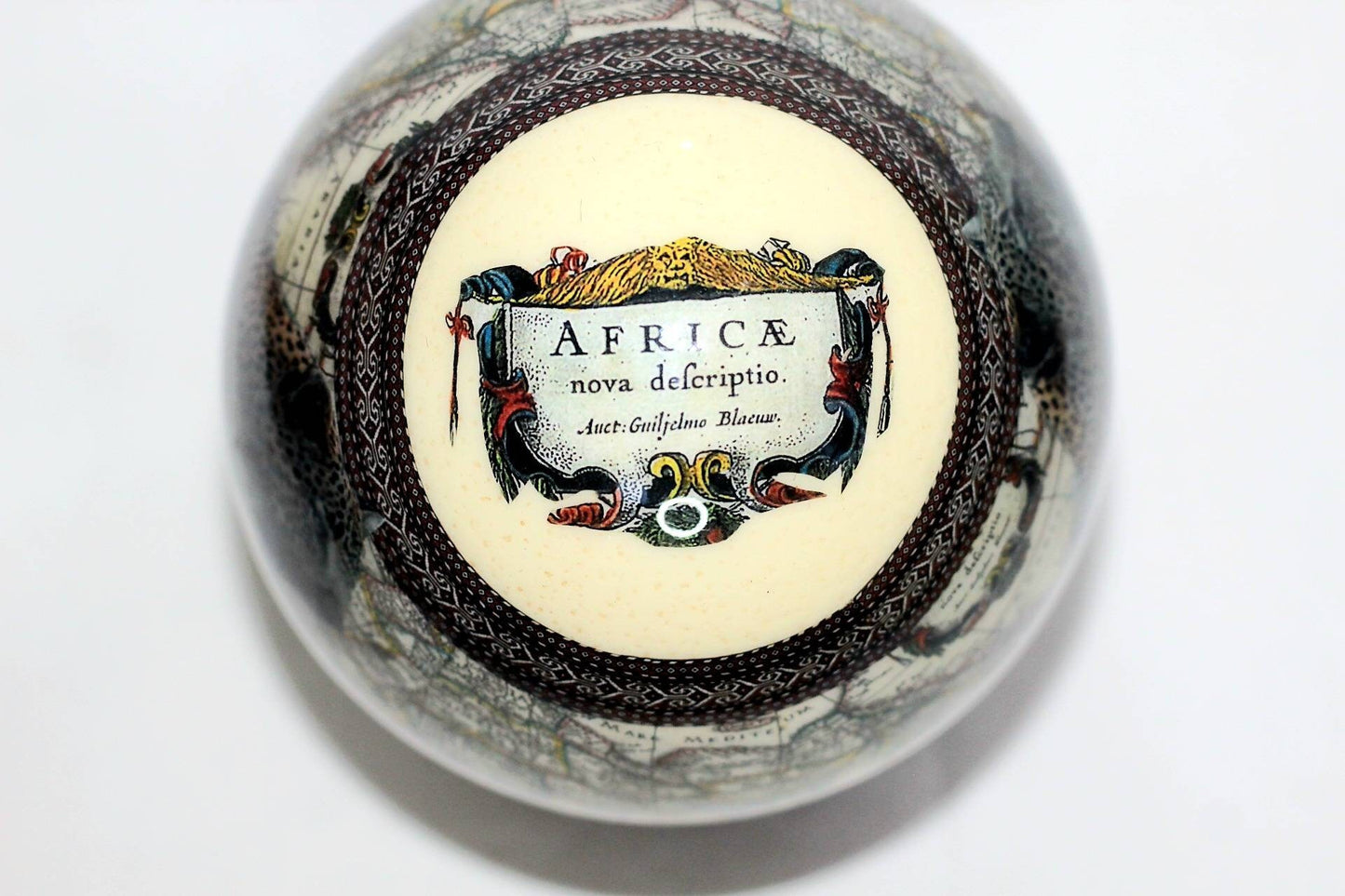 Leopard Themed Africa Nova Descriptio Map Decoupage art on an Authentic Ostrich Egg Shell. Comes with a carved wood stand. Ships Express