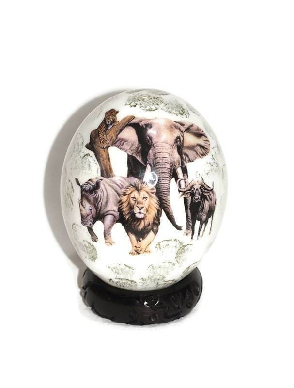 The African Big 5 Animals on a White and bit of gold background, Ostrich Egg Decoupage Artwork. Ready to Ship housewarming/Wedding gifts