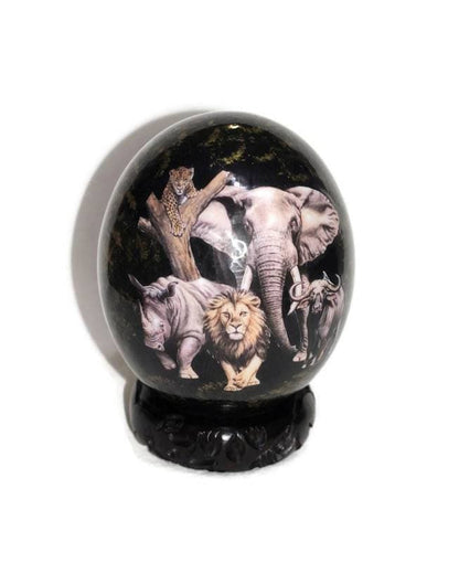 The African Big 5 Animals on a Black and bit of gold background, Ostrich Egg Decoupage Artwork. Ready to Ship housewarming/Wedding gifts