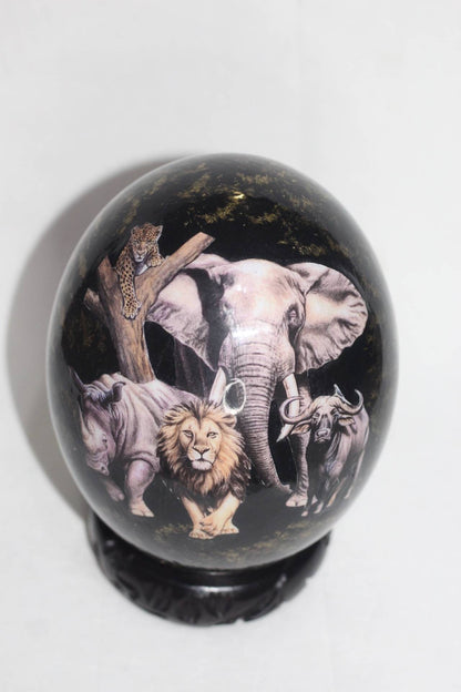 The African Big 5 Animals on a Black and bit of gold background, Ostrich Egg Decoupage Artwork. Ready to Ship housewarming/Wedding gifts