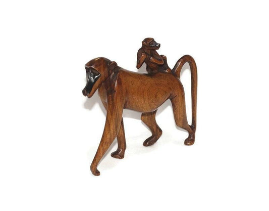 Olive wood Walking baboon with infant. Unique African handmade interior decor art. Made in Zimbabwe, housewarming gift ready to Ship Express