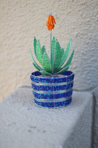 Green Aloe Vera plant on Blue Mixed Seed and glass beads Vase. Home decor artificial flower, handmade gifts. Shipping Worldwide by JNGcape