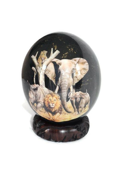 The African Big 5 Animals on a Black and bit of gold background, Ostrich Egg Decoupage Artwork. Ready to Ship housewarming/Wedding gifts