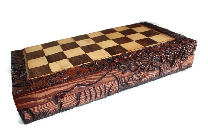 Dark Brown Squatting African Big Five Animals Chess Set. Large Square Foldable Handcarved Masterpiece. Olive, Ebony, Mahogany Wood Art Gifts