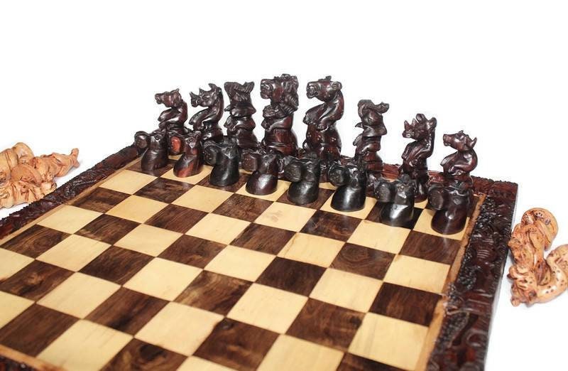 Dark Brown Squatting African Big Five Animals Chess Set. Large Square Foldable Handcarved Masterpiece. Olive, Ebony, Mahogany Wood Art Gifts