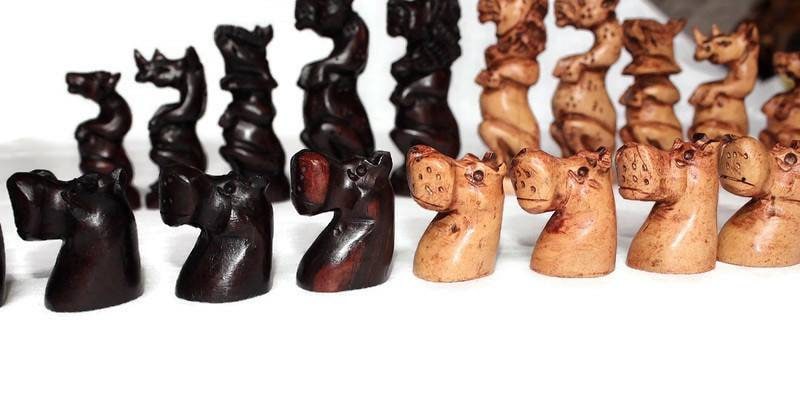 Dark Brown Squatting African Big Five Animals Chess Set. Large Square Foldable Handcarved Masterpiece. Olive, Ebony, Mahogany Wood Art Gifts