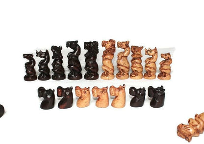 Squatting African Big Five Animals Chess Pieces Set. Amazing Zimbabwean handcarved Masterpieces. Olive and Ebony Wood Art Gifts.