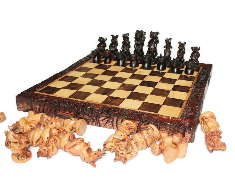 Dark Brown Squatting African Big Five Animals Chess Set. Large Square Foldable Handcarved Masterpiece. Olive, Ebony, Mahogany Wood Art Gifts